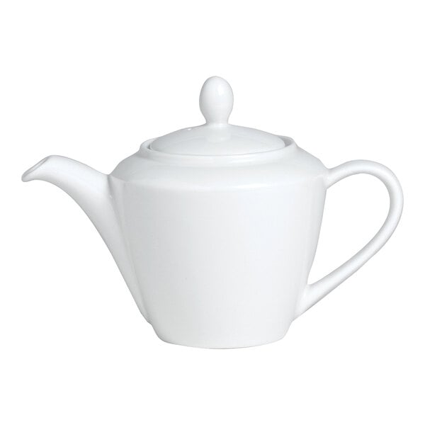 A white teapot with a Steelite Performance Simplicity lid.