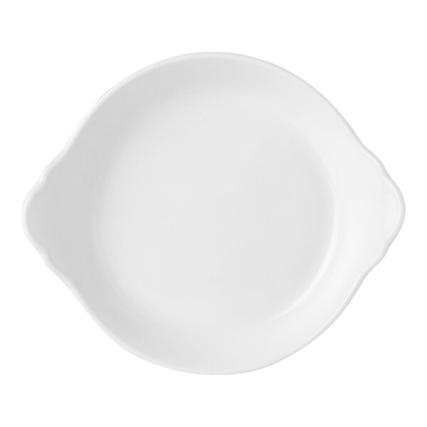 A white Steelite Performance round eared dish with a handle.