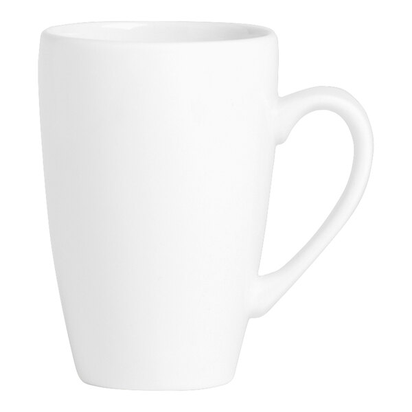 A close-up of a Steelite Performance Simplicity white mug with a handle.