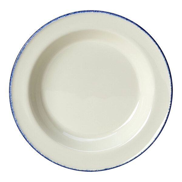 A white Steelite soup plate with a blue circular edge.