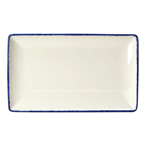 A white rectangular tray with a blue border.