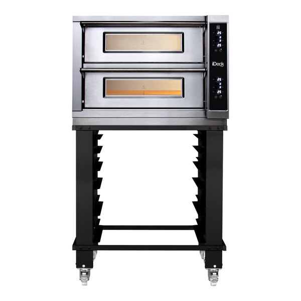 A Moretti Forni electric double deck pizza oven on a stand.