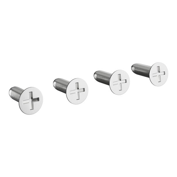 Four stainless steel screws with a cross on them.