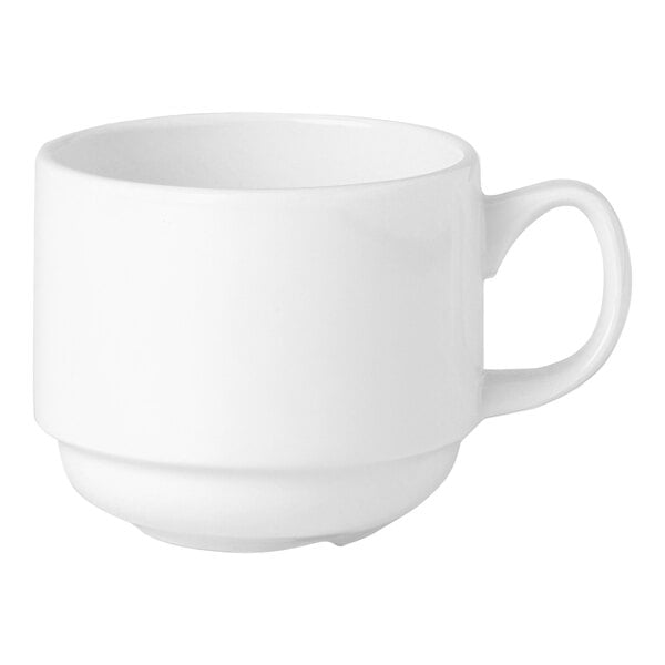 A white Steelite Performance Slimline stack cup with a handle.