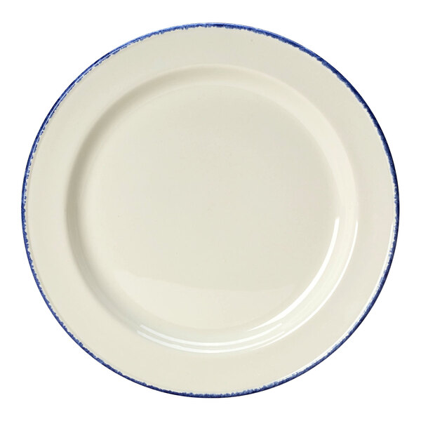 A white Steelite Performance plate with a blue rim.