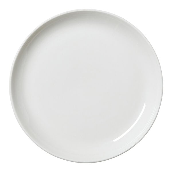 A close up of a Steelite Performance Nordic white coupe plate with a white rim.