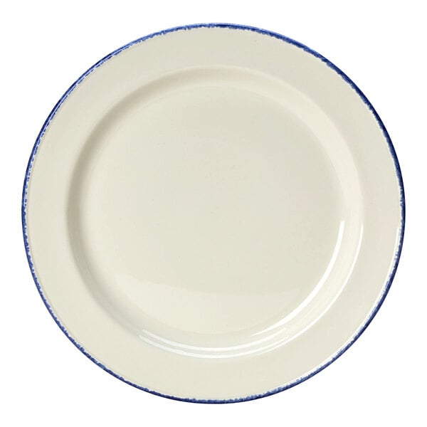 A white Steelite Performance plate with a blue dapple rim.