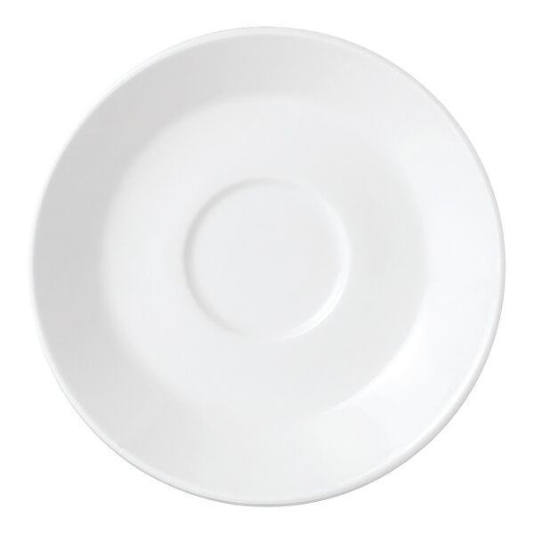 A white Steelite Performance Simplicity saucer with a circular edge.