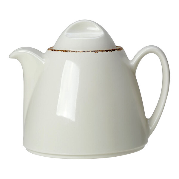 A white teapot with a brown handle and lid.