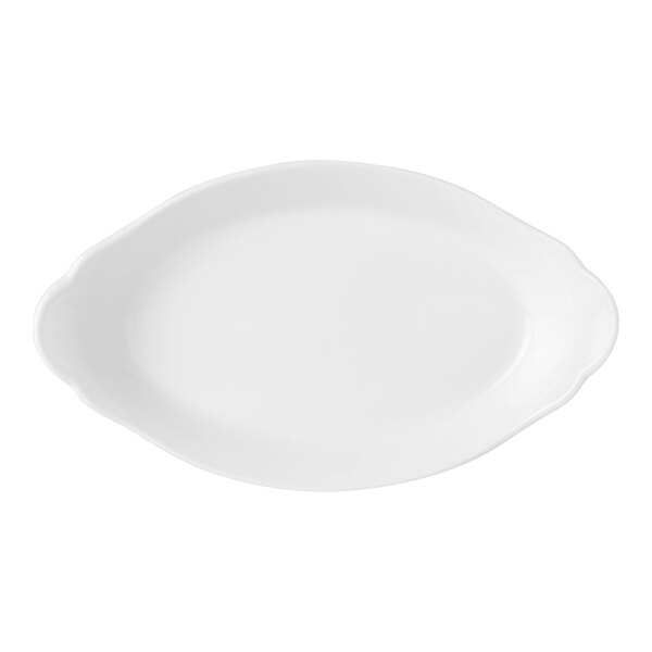 A white oval Steelite Performance Simplicity dish with curved handles.