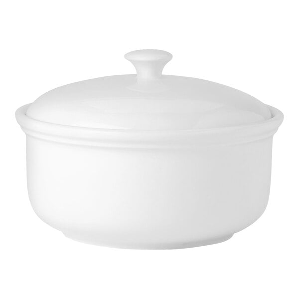 A white Steelite round casserole dish with a lid.