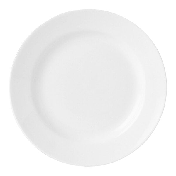 A close-up of a white Steelite Performance Simplicity Madison plate with a plain edge.