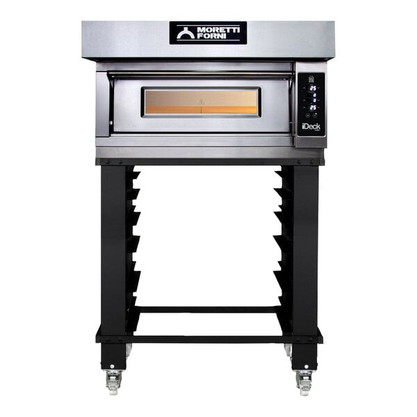 A Moretti Forni iD 72.72 pizza oven on a stand with wheels.