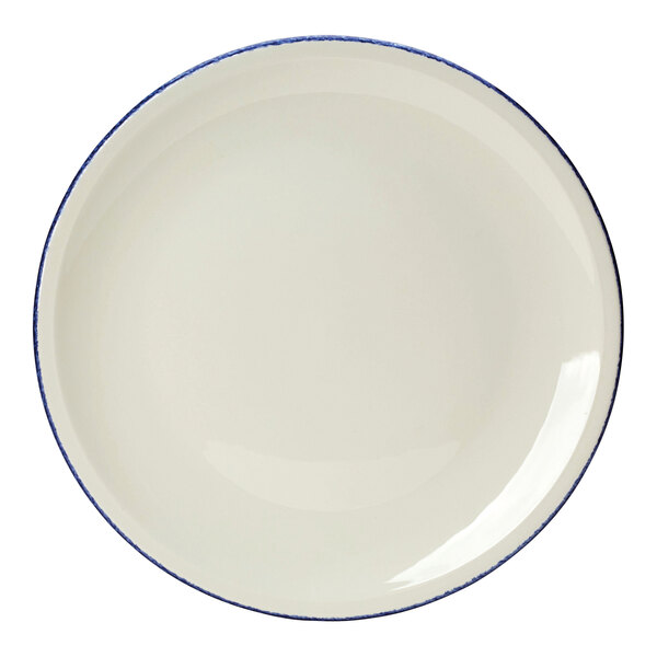 A white Steelite pizza plate with a blue dappled rim.