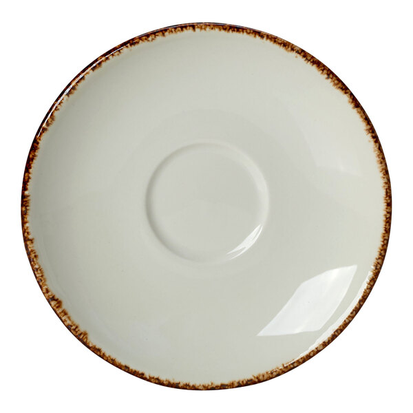 A white Steelite Performance saucer with brown speckled edges.