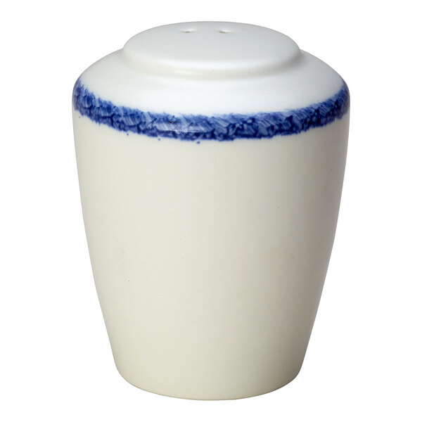 A white salt shaker with a blue dapple on the bottom.