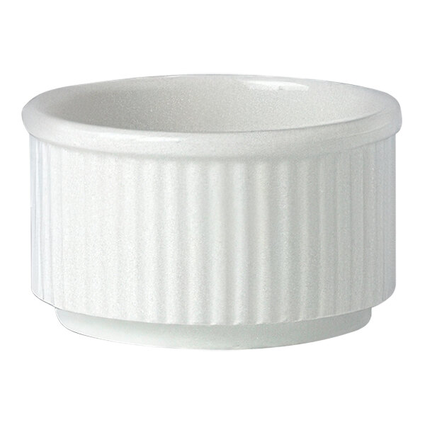 A white Steelite Performance ramekin with a ribbed edge.