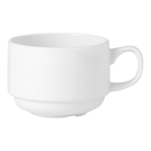 A close-up of a Steelite Performance Simplicity white cup with a handle.