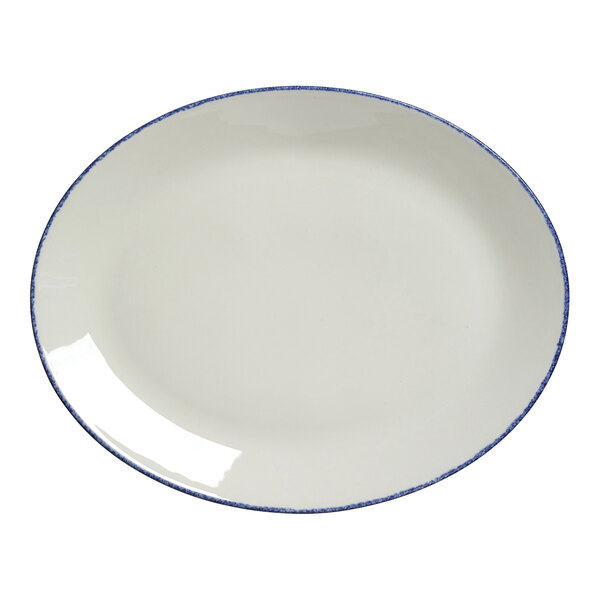 A white Steelite oval coupe platter with a blue dappled rim.