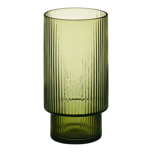 A close-up of a green Acopa Lore highball glass with a thin stripe.