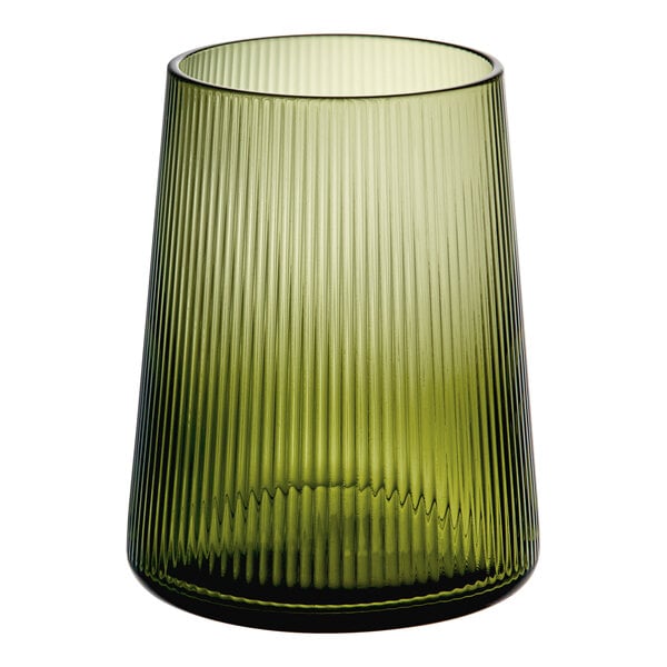 A close-up of an Acopa Lore green stemless wine glass.