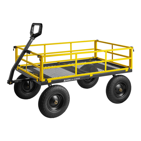 A yellow and black Gorilla heavy-duty metal utility cart with two wheels.