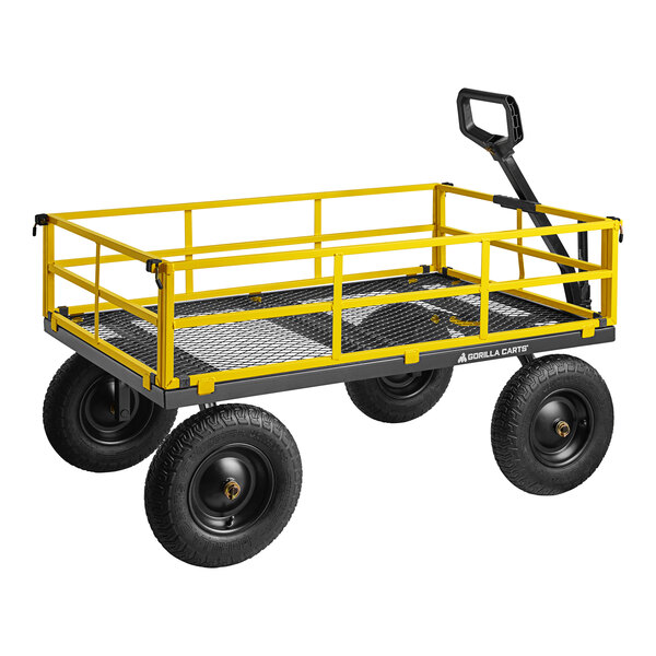 A yellow utility cart with black wheels.