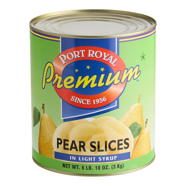 A #10 can of Port Royal sliced pears in light syrup.