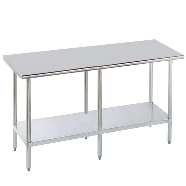 A stainless steel Advance Tabco work table with a galvanized undershelf.