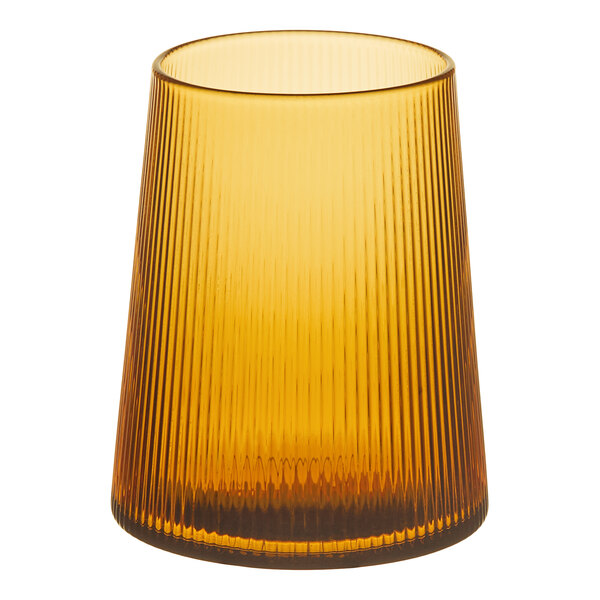 An Acopa Lore amber stemless wine glass with a ribbed surface and brown stripe.