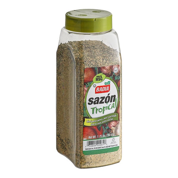 A container of Badia Sazon Tropical Seasoning.