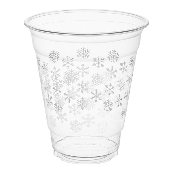 A clear Choice plastic cup with snowflakes on it.