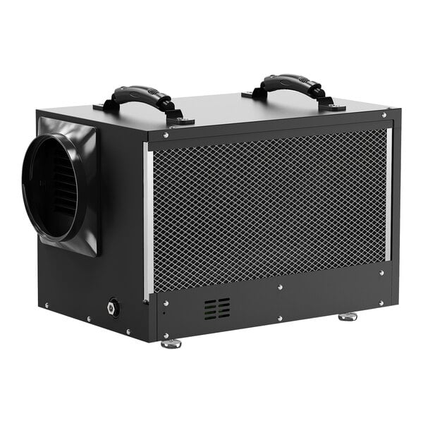A black rectangular AlorAir commercial-grade dehumidifier with a fan.