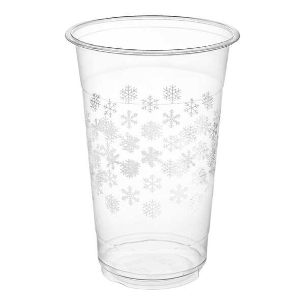 A clear plastic Choice cold cup with snowflakes on it.