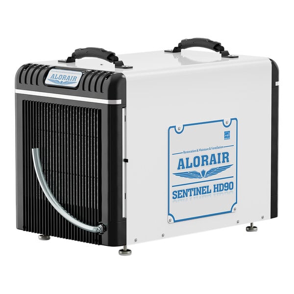 An AlorAir Sentinel HD90 commercial-grade dehumidifier in a white box with black and blue text and black handles.