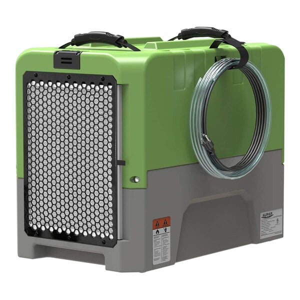 An AlorAir green and grey industrial commercial dehumidifier box with a wire wrapped around it.