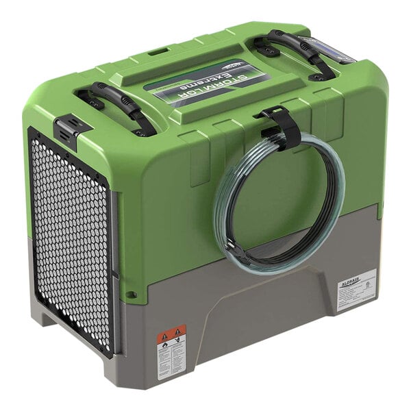 An AlorAir Storm Extreme LGR green and grey industrial dehumidifier.