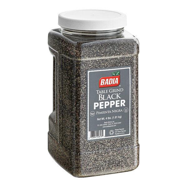 A plastic container of Badia Table Grind Black Pepper.