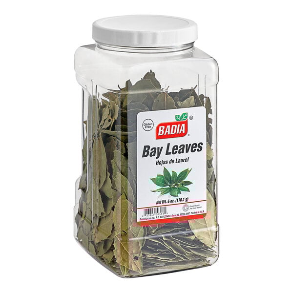 A container of Badia Whole Bay Leaves.