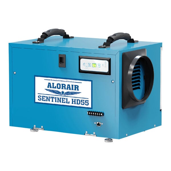 A blue AlorAir Sentinel HD55 commercial-grade dehumidifier with a black vent.