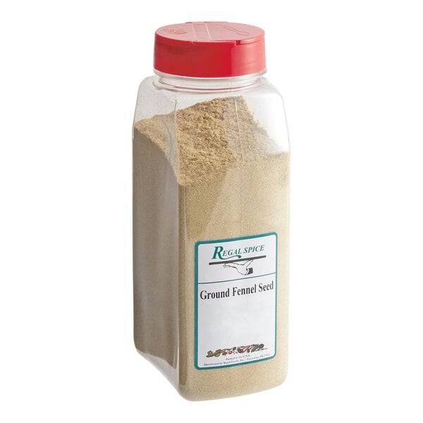 A plastic container of brown Regal Ground Fennel Seed with a white label and a red lid.