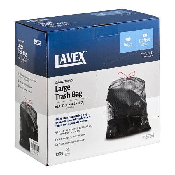 A white and blue box of Lavex black drawstring trash bags.