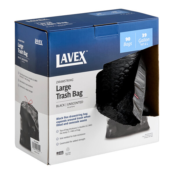 A box with 90 Lavex black drawstring trash bags inside.