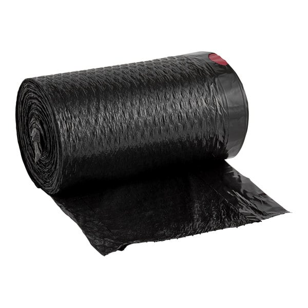 A roll of black plastic Lavex drawstring trash bags.