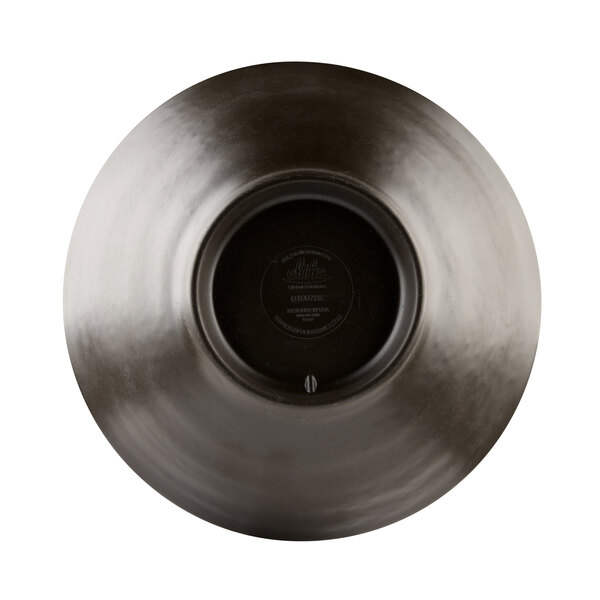 A black melamine bowl with a round center.