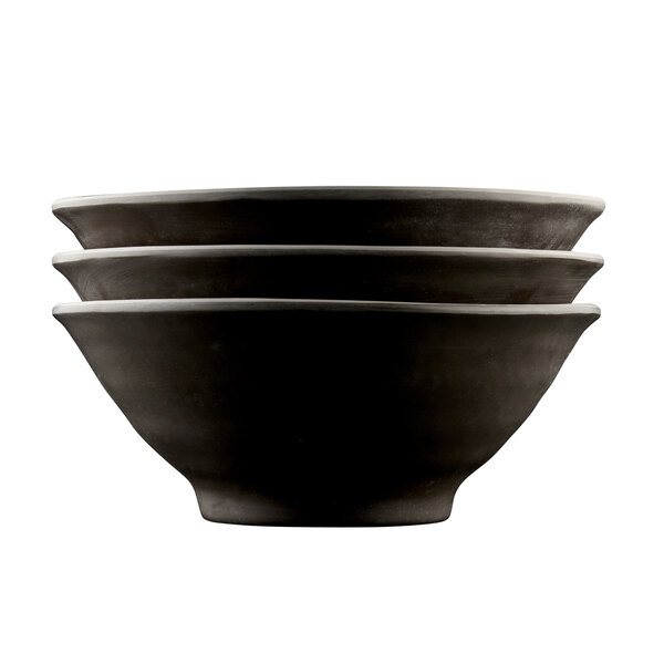 A stack of mushroom-colored Elite Global Solutions melamine bowls.