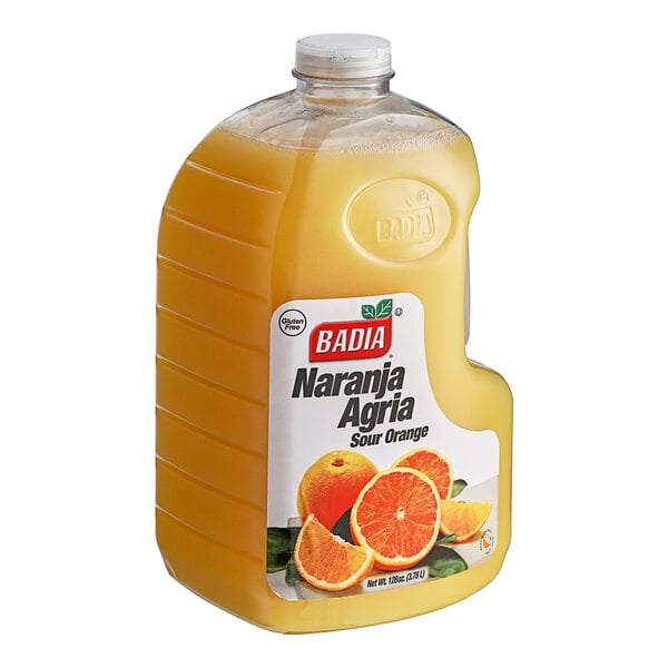 A plastic jug of Badia Naranja Agria (Sour Orange) marinade with a label.