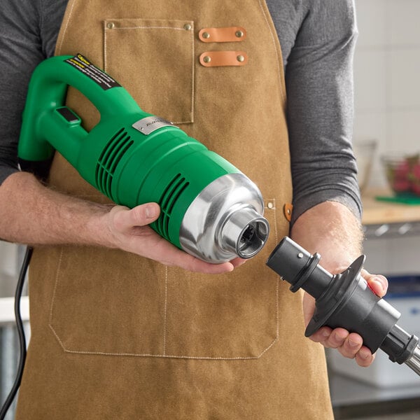 An AvaMix IBHDW10R heavy-duty variable speed immersion blender with a 10-inch whisk attachment and a green handle.