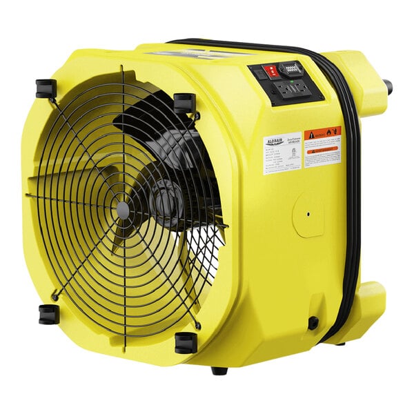 An AlorAir yellow axial air mover with black fan blades.