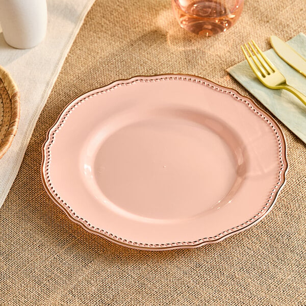 Visions 10" Blush Round Plastic Plate with Gold Vintage Rim - 120/Case